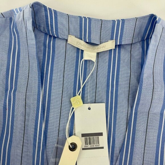 Jonathan Simkhai Ruched Oxford Front V-neck Stripe Cropped Shirt,Size 2 - Picture 4 of 4